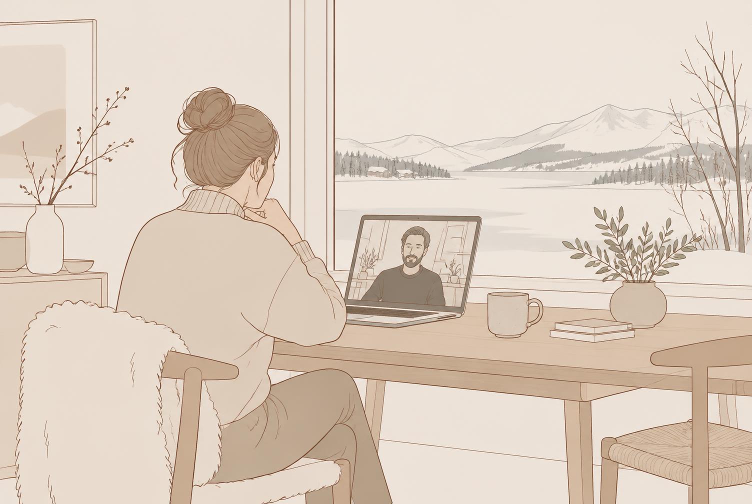 Illustrasjon: en person sitter ved et bord hjemme og snakker med en psykolog på videosamtale